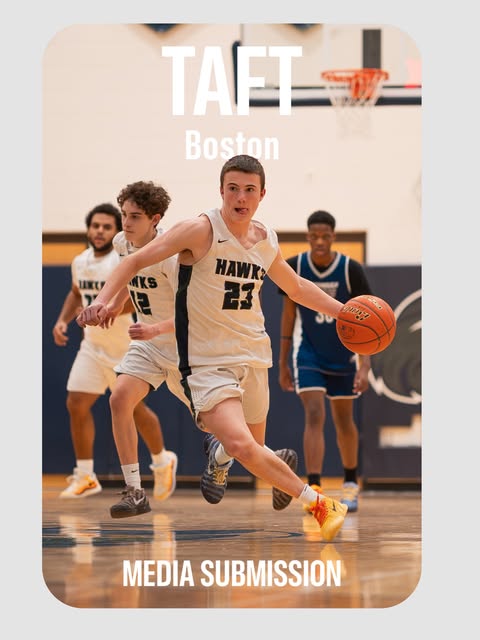 Basketball editorial image with a player driving toward the basket and TAFT Boston text